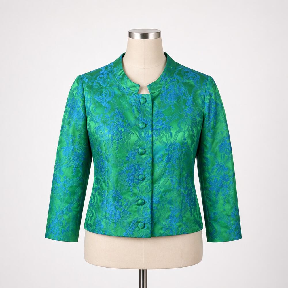 Vintage 1960s Silk Evening Jacket Green Blue Shiny 3/4 Sleeve Floral